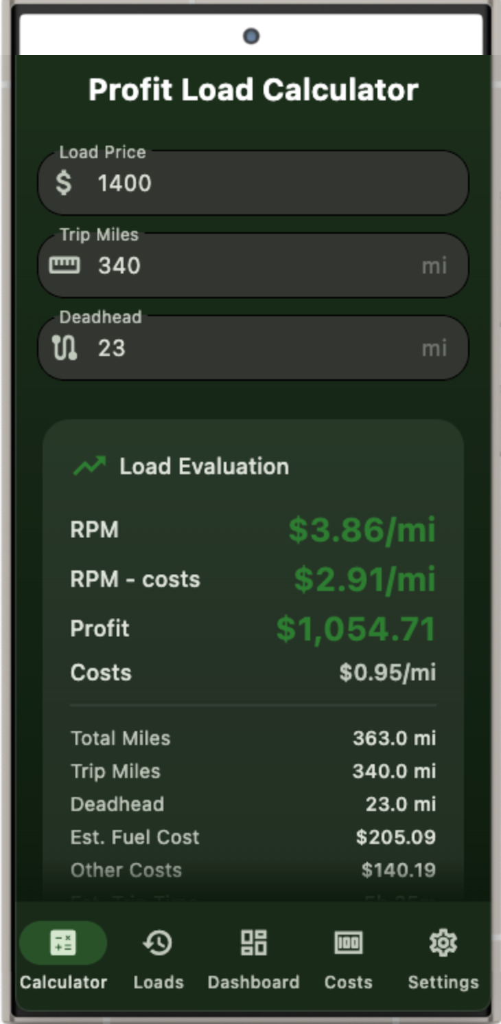 CDL Profit Calculator Screen